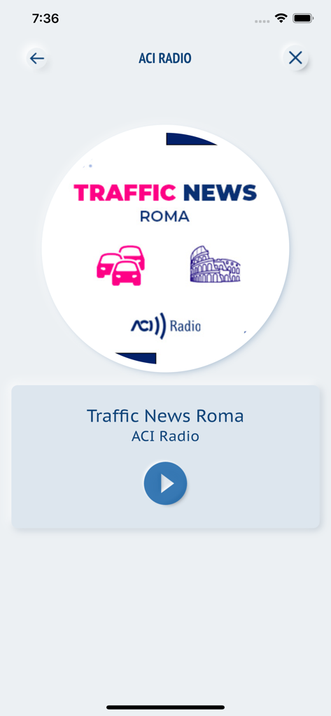 ACI Space app screen displaying ACI Radio player for Rome traffic news