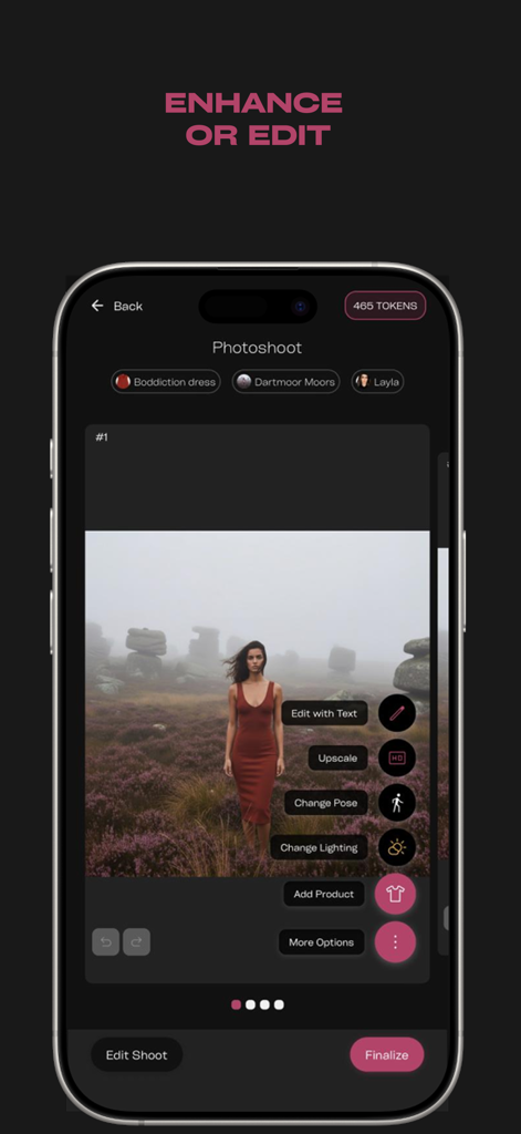Interface of the Modio app showing AI fashion editing tools for a photoshoot with a model in a red dress.