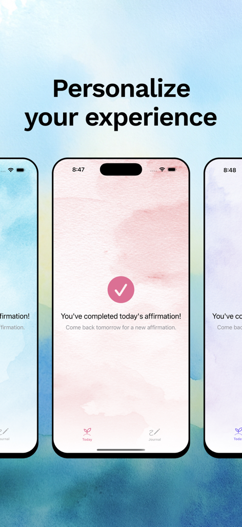 everbloom: self-love - Tres pantallas de iPhone que muestran la interfaz de la aplicación everbloom con fondos acuarela estéticos y un mensaje confirmando una afirmación diaria completada.