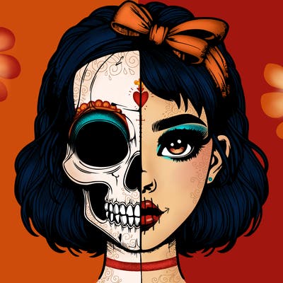 realistic girl with half skull mask