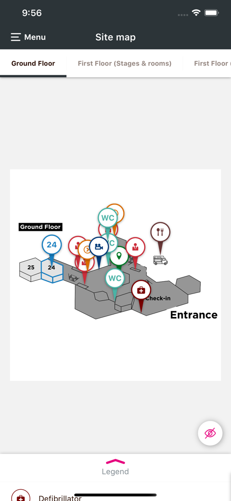 SPOBIS - Digital site map of the SPOBIS conference venue showing the ground floor layout and key facility icons
