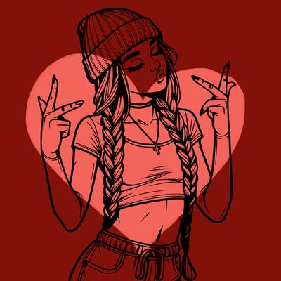 realistic teenage girl with braids and a beanie and crop top doing 🫶🏼