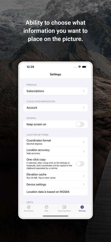 My Altitude and Elevation GPS - Settings screen of the My Altitude and Elevation GPS app showing coordinate formats and location accuracy options