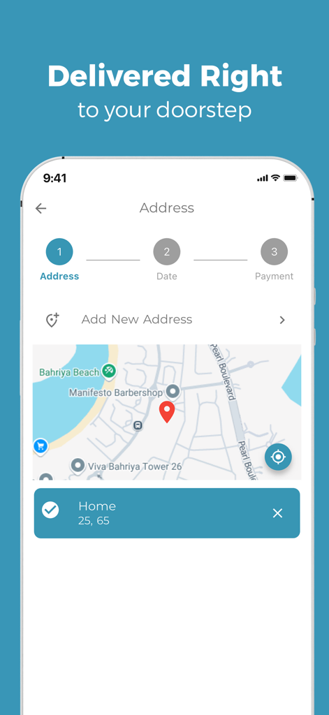 ALKALIVE - Pantalla de selección de dirección de entrega de la aplicación Alkalive con vista de mapa