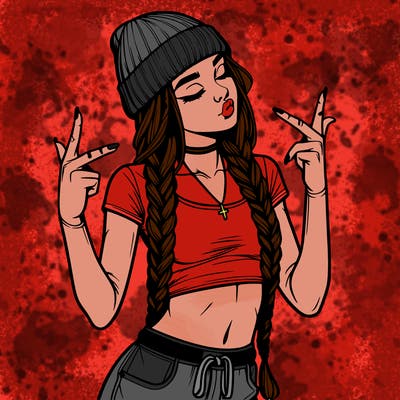 realistic teenage girl with braids and a beanie and crop top doing 🫶🏼