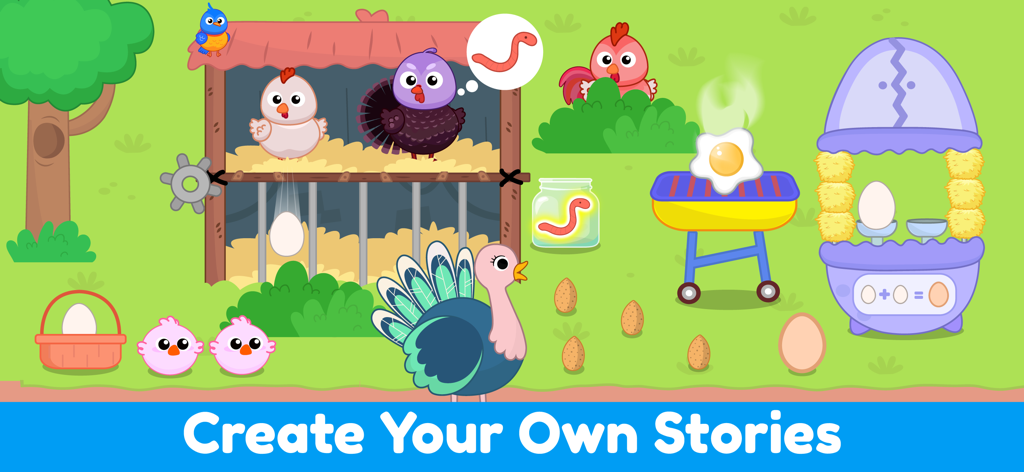 My Little Farm Game Kids World - Scena di fattoria dei cartoni animati con polli, tacchini e uova in un gioco di apprendimento per bambini