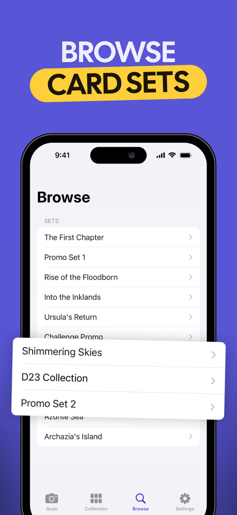 TCG Card Scanner for Lorcana - A mobile app interface displaying a list of Disney Lorcana card sets to browse including The First Chapter and Rise of the Floodborn