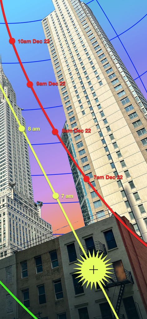Sun Seeker - Sunlight Tracker - Augmented reality view showing sun paths and timestamps over city skyscrapers in the Sun Seeker app