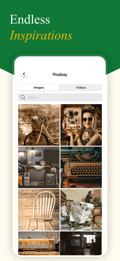 VHS Cam app showing a gallery of nostalgic vintage stock photos.