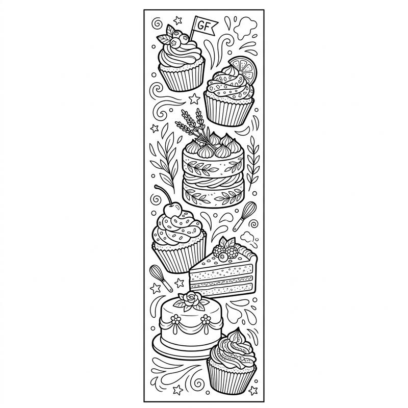 Dive into a world of guilt-free delights with this enchanting gluten-free cakes bookmark coloring page. Featuring an array of beautifully detailed cupcakes and cakes, it's the perfect treat for any baking enthusiast or avid reader.