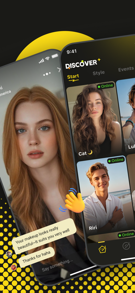 Kumi:Discover, Share, Connect - Kumi mobile app interface featuring user discovery profiles and interactive chat messages