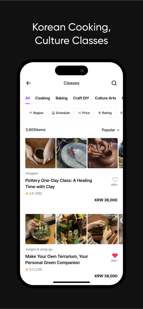 Frip - Experience Korea - Interface of the Frip app showing various local Korean culture and craft classes