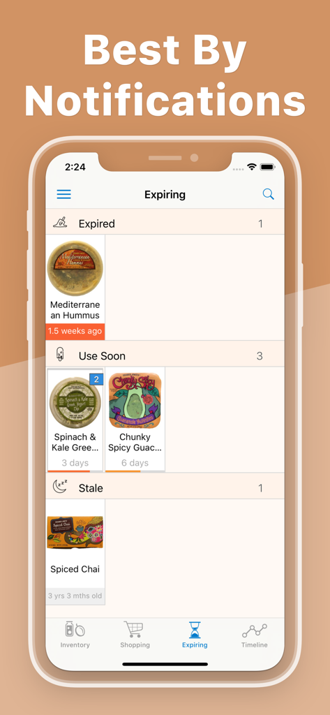 Pantry Check app interface showing food items categorized by expiration status like expired and use soon