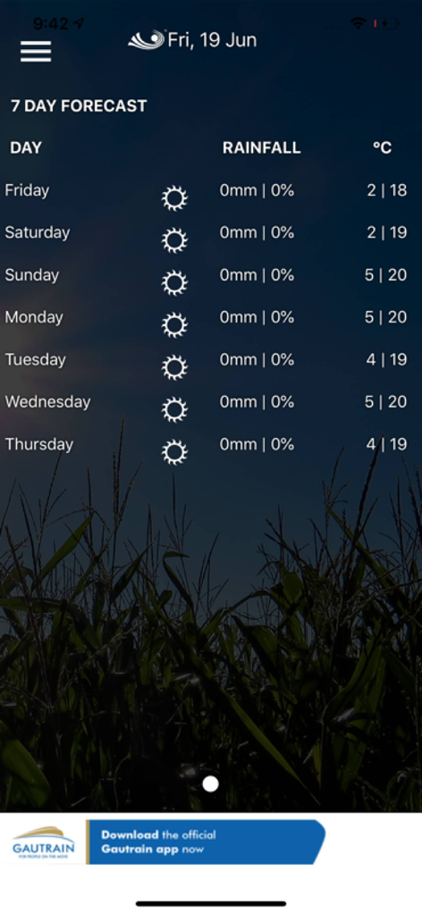 WeatherSmart - Screenshot of the WeatherSmart app showing a seven day weather forecast with daily temperature and rainfall information