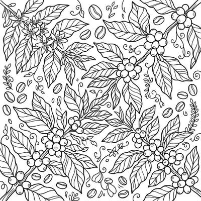 Immerse yourself in the world of coffee with this intricate coloring page showcasing the lifecycle of the coffee plant. From delicate flowers to ripe berries and scattered beans, it's a celebration of your favorite brew.