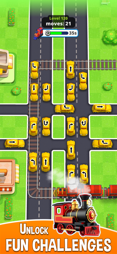 Traffic Go! Car Escape - Jugabilidad de Traffic Go Car Escape mostrando coches amarillos y un tren de vapor en vías en un puzle de tráfico.