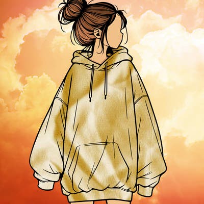 realistic girl with a oversized sweatshirt on and a bun