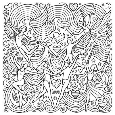 Step into a world where memory and celebration intertwine with this unique Pride-themed coloring page. Delight in ethereal dancers, vibrant rainbow motifs, and symbols of love, perfect for expressing your creativity.