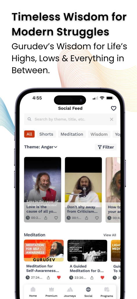 Art of Living app social feed with spiritual wisdom videos and guided meditations