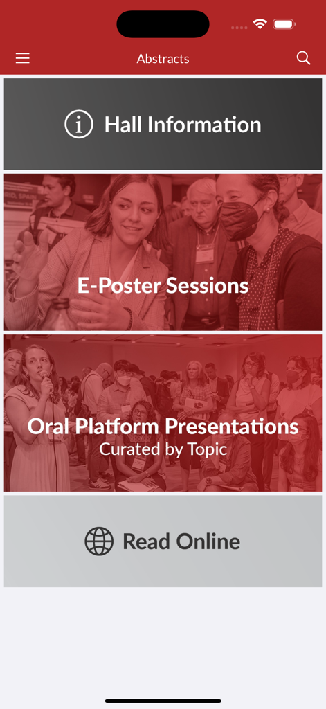MDS Events - Abstracts menu in the MDS Events app showing session categories