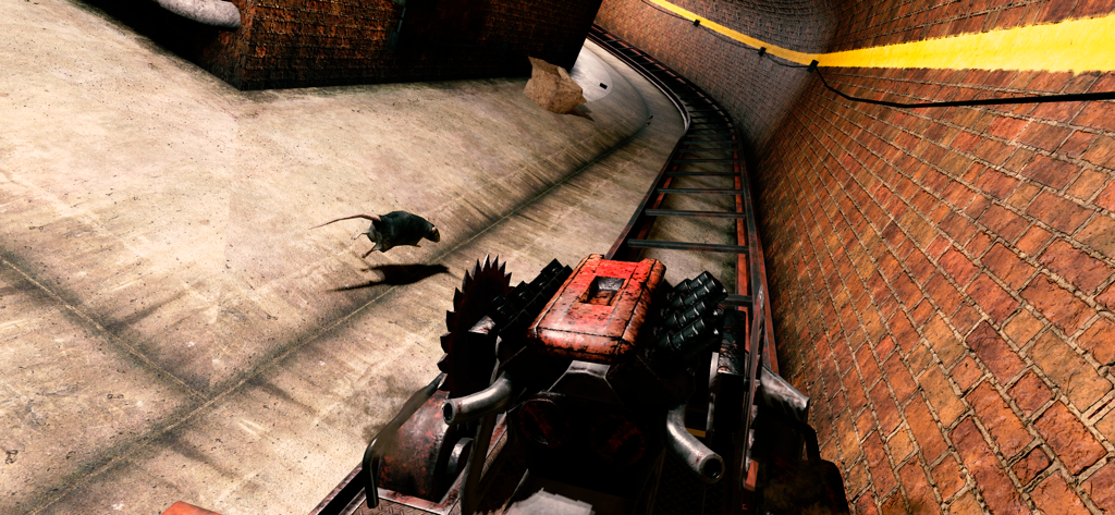 First person view of a roller coaster racing through an underground brick tunnel
