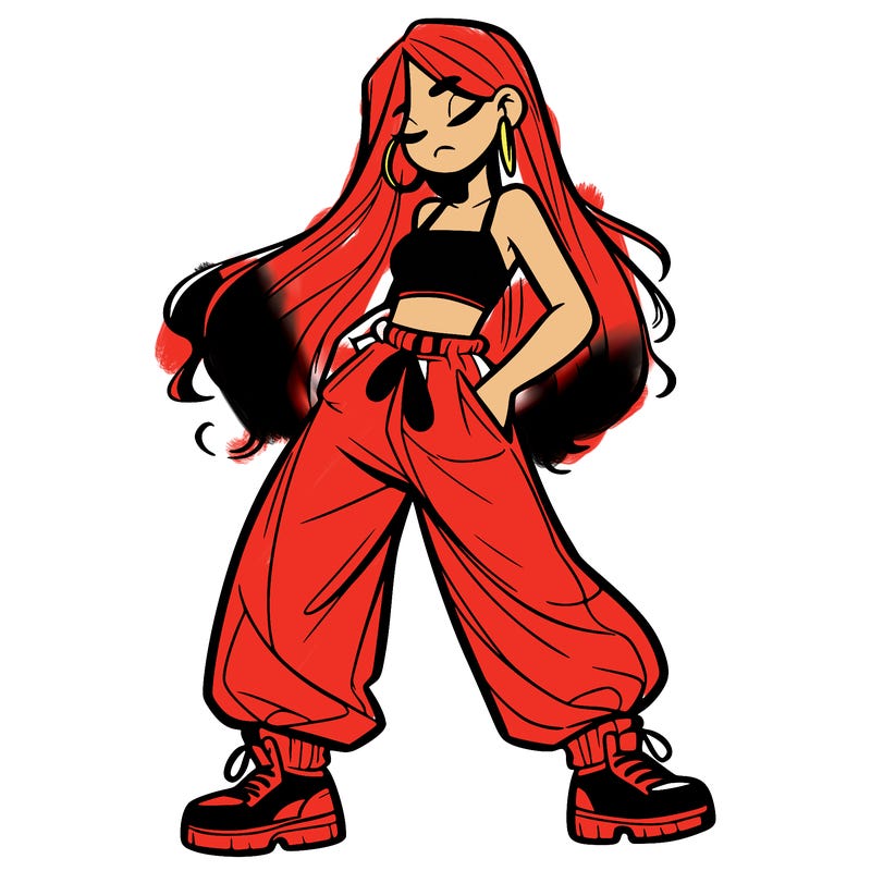 girl in baggy pants crop top and long hair