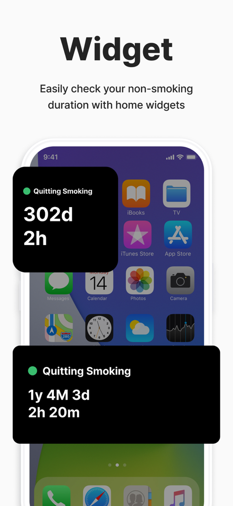 Stop Smoking - Quit Tracker - Stop Smoking app home screen widgets showing days and months since quitting