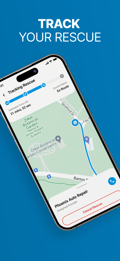 Roadside Assistance - Mobile app interface showing real time tracking of a roadside rescue on a map with estimated arrival time