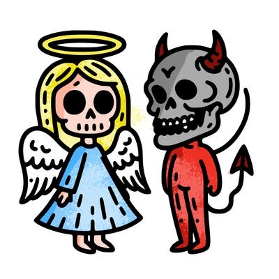 angel and devil skull