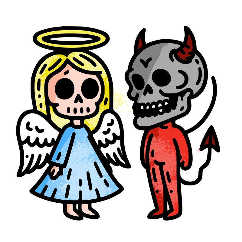 angel and devil skull