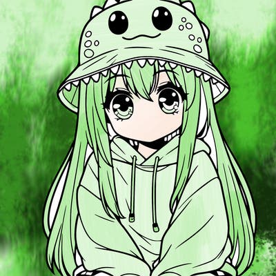 girl with anime shaped eyes with a dinosaur bucket hat oversized sweatshirt long straight hair
