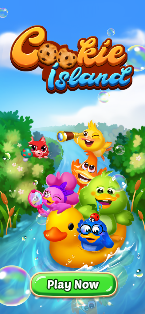 Pantalla de presentación del juego móvil Merge Cookie Island con coloridos personajes de pájaros de dibujos animados y un botón de jugar ahora