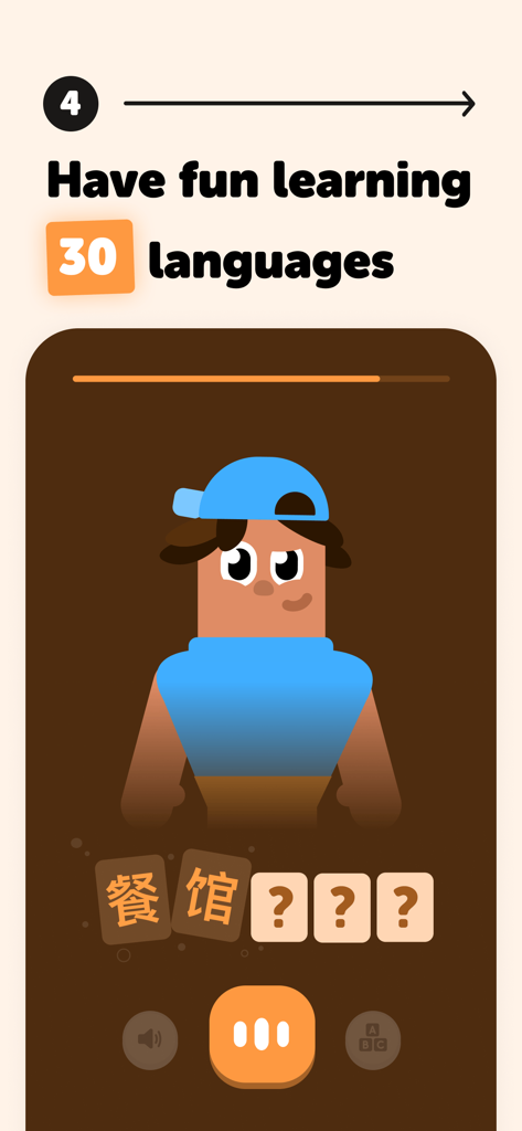 Gamifizierte Oberfläche der Falou-App mit einer Cartoon-Figur und einer Chinesisch-Lektion