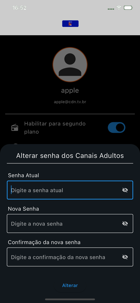 Home TV - Interfaz de la aplicación Home TV para cambiar la contraseña de canales para adultos en portugués.