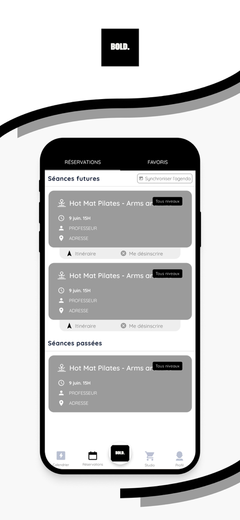 BOLD. - Interfaz de la app BOLD mostrando las próximas reservas de clases de Pilates