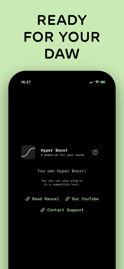 Hyper Boost — Clipper Effect - Hyper Boost app screen showing DAW readiness message with links to manual and support