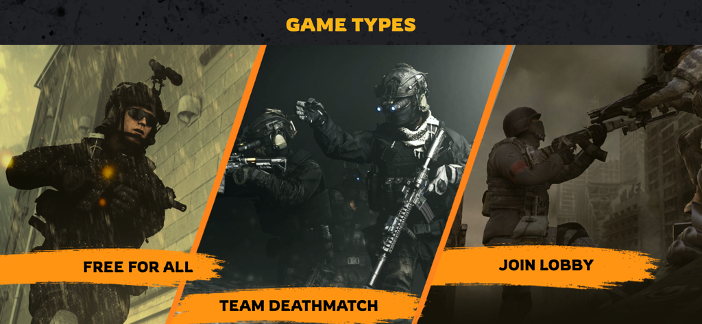 Gun Shooting Games: Online FPS - A menu showing different game modes for Gun Shooting Games including Free for All Team Deathmatch and Join Lobby