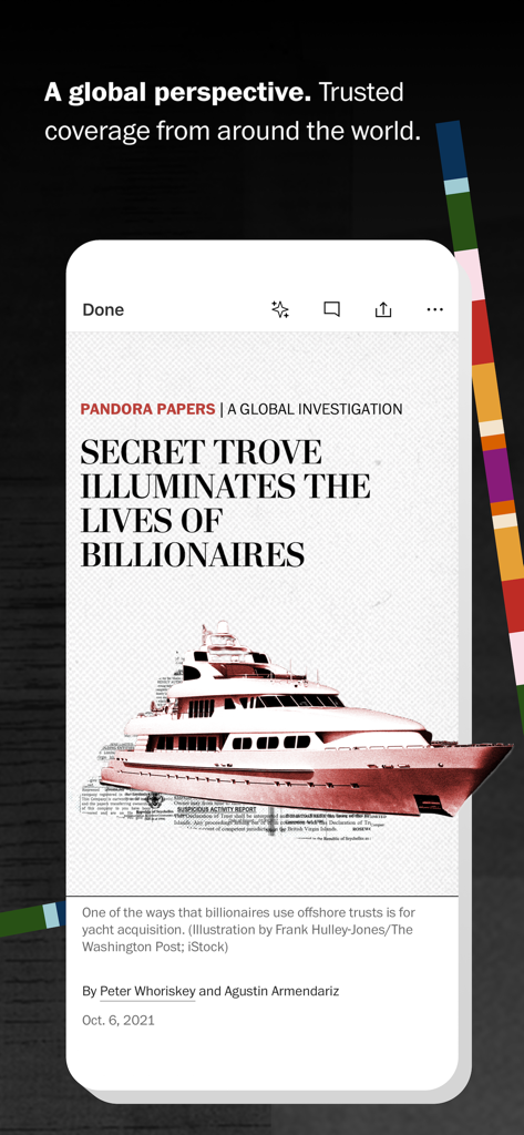 Washington Post - A screenshot of the Washington Post app showing an investigative report about the Pandora Papers and billionaires with a yacht illustration.
