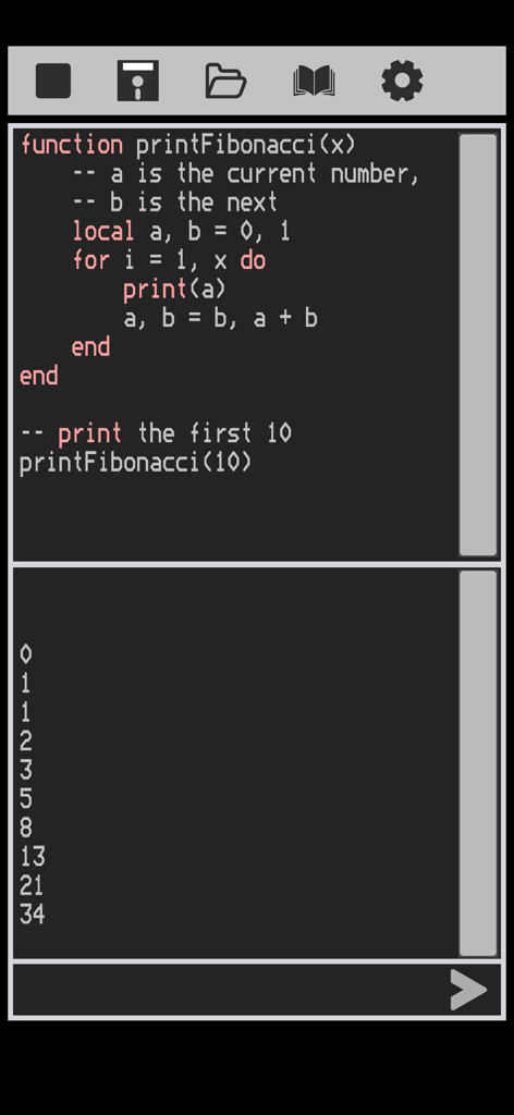 Luana: Code in Lua - Luana app interface showing a Lua code script and its execution output