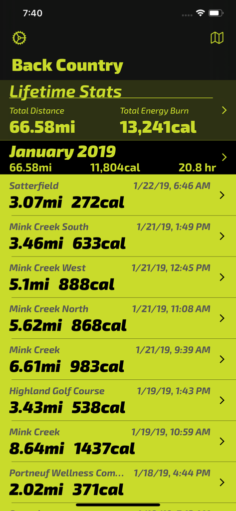 Back Country Workout - Screenshot of the Back Country Workout app displaying lifetime distance and calorie statistics for cross country skiing sessions
