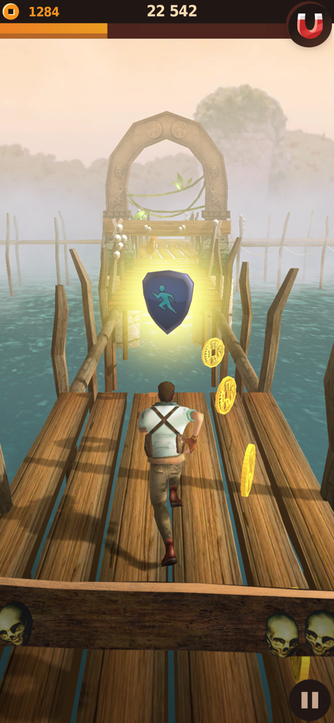 Character running on a wooden bridge and collecting gold coins in Tomb Runner Temple Raider.