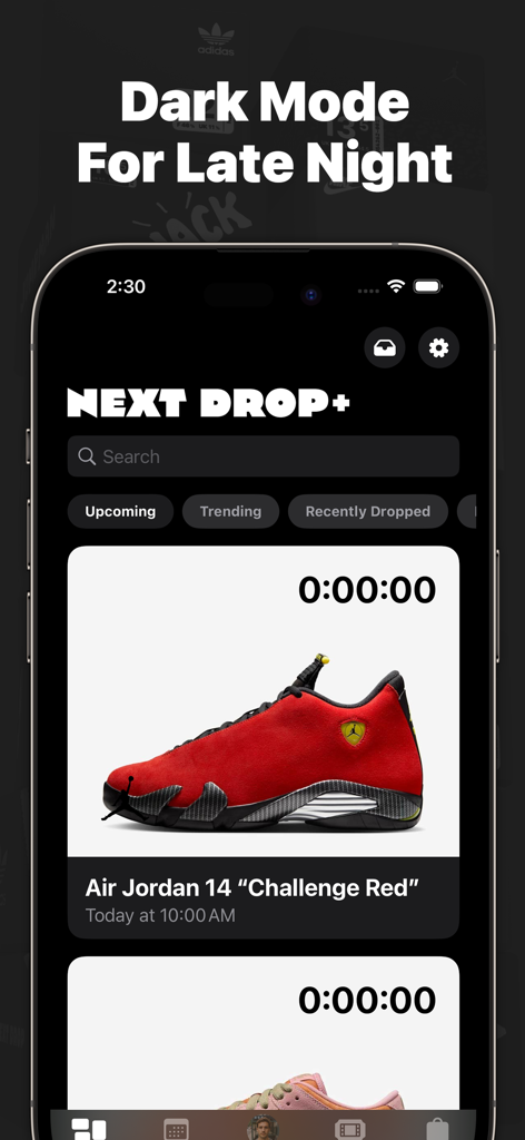Next Drop app interface in dark mode showing an Air Jordan 14 sneaker release countdown