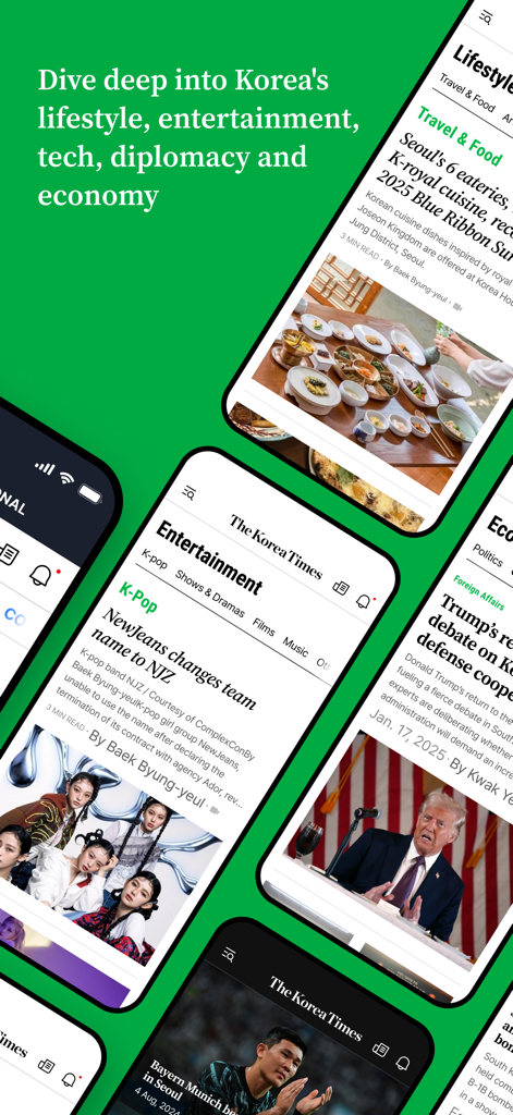 The Korea Times - Screenshots of The Korea Times app showcasing lifestyle, entertainment, and economy news sections