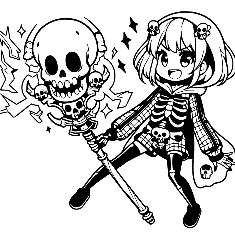 manga girl with skull staff wearing a skeleton pajama suit and her staff and shooting out a lightning bolt