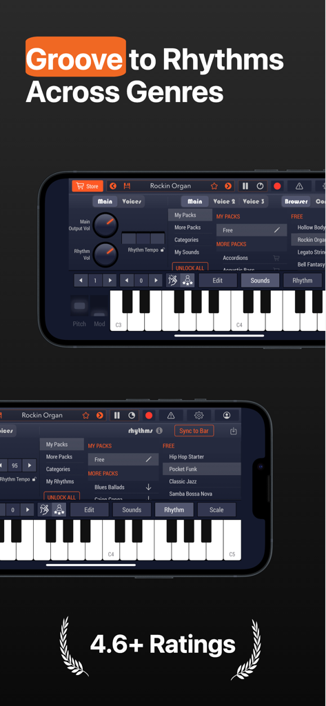 Piano Pro & Drum Music Studio - Piano Pro and Drum Music Studio interface showing rhythm packs and piano keys