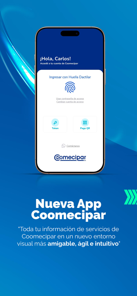 Coomecipar - Pantalla de inicio de sesión de la aplicación móvil de Coomecipar con autenticación biométrica por huella dactilar y opciones de token digital en la pantalla de un smartphone.