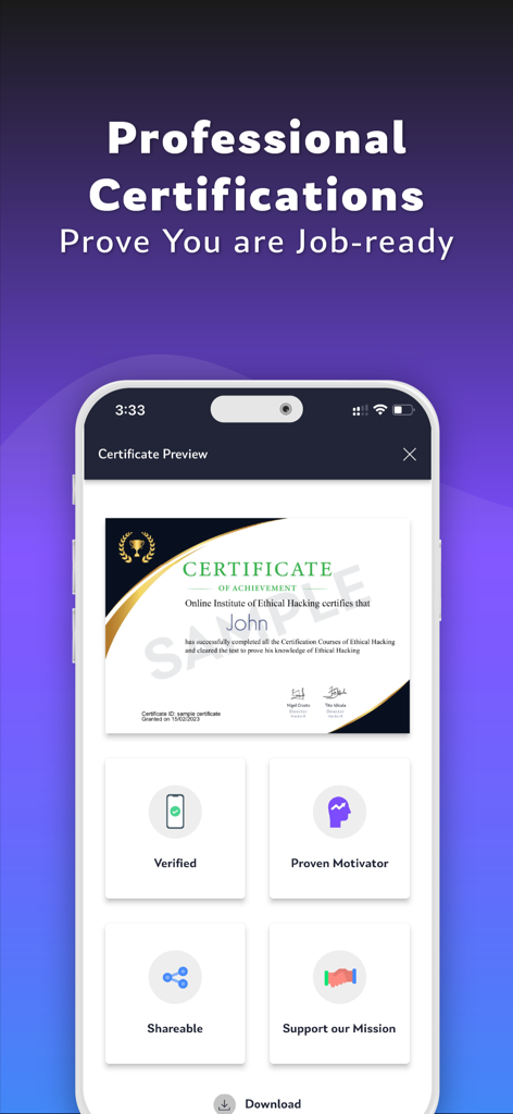 A professional certification preview in the Coding X app showing a completed ethical hacking course