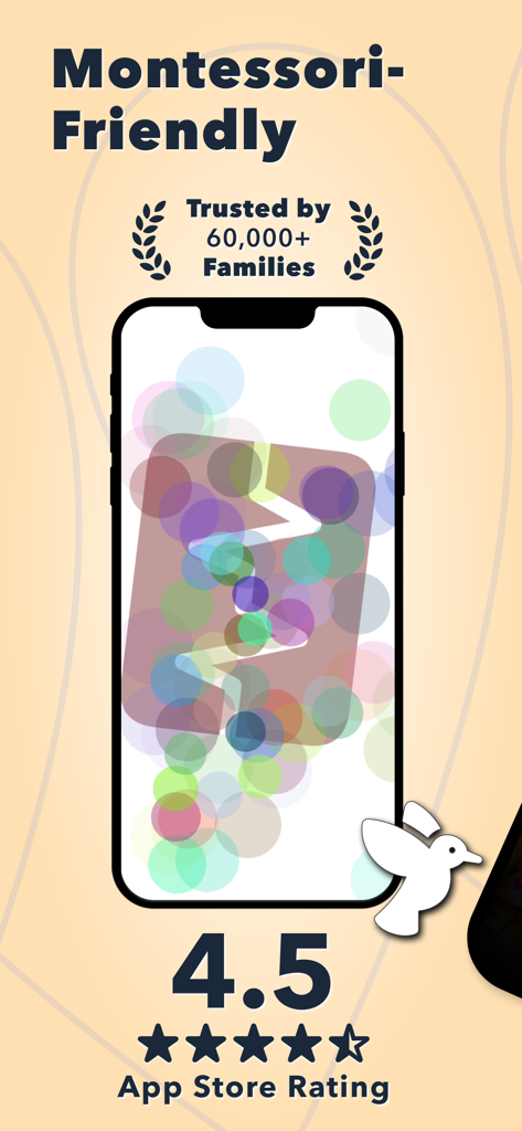 BabyPhone app interface showing a 4.5 star rating and Montessori friendly badge