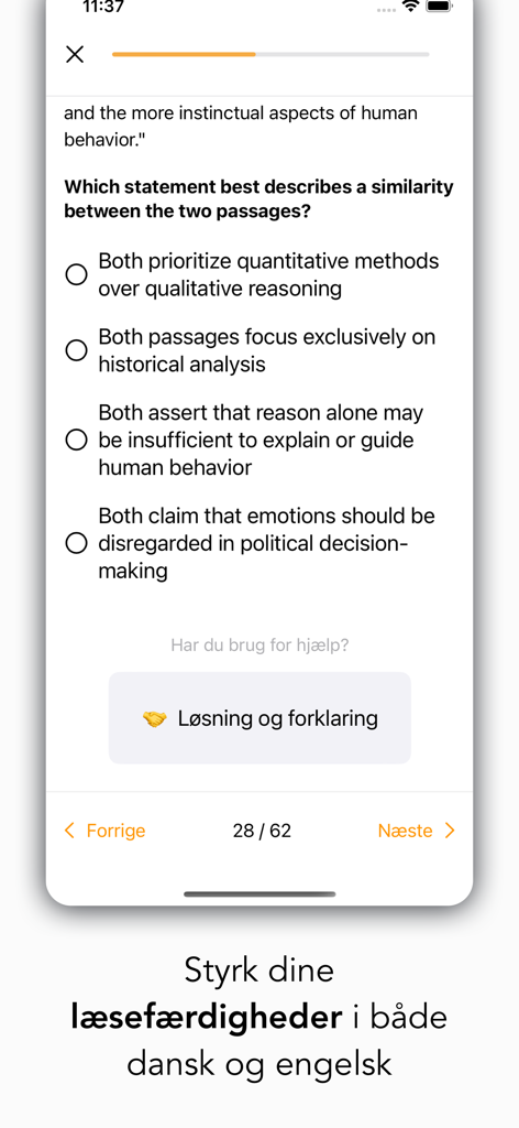 Kvote 2 Quiz - Question de compréhension de lecture en anglais avec choix multiples dans l'interface de l'application Kvote 2 Quiz