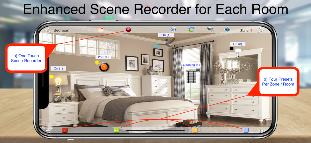 HOS Smart Home BACnet BMS - Interfaz de la aplicación HOS Smart Home mostrando un dormitorio con grabadora de escenas y opciones de preajuste